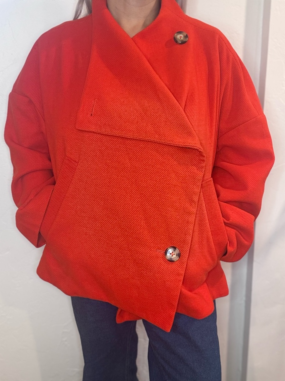 Anthropologie Red Wrap Jacket Asymmetrical Coat Statement Button Front